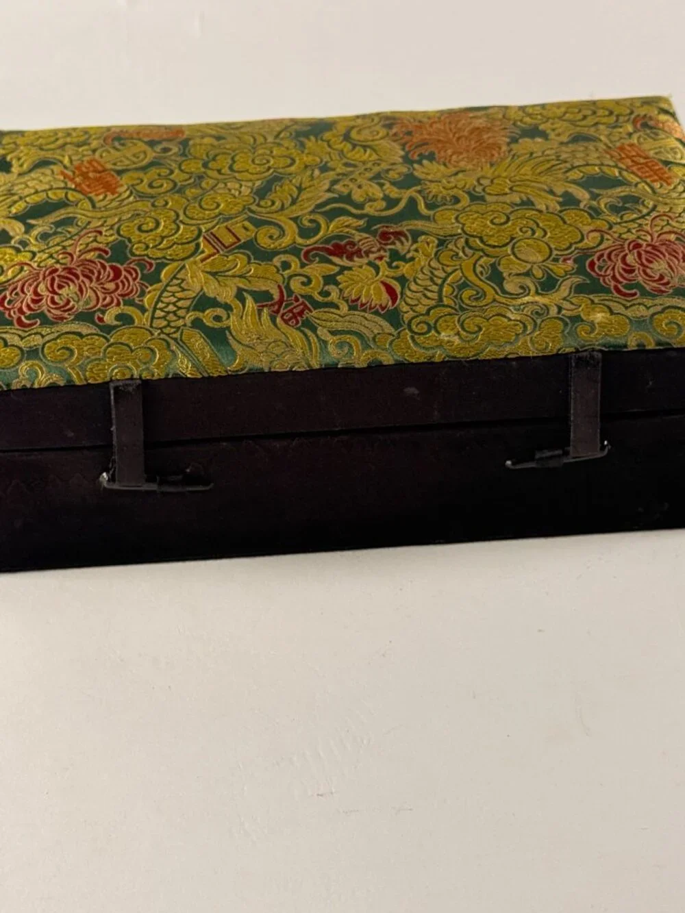 Vintage Asian Silk Top Jewelry Box Gold Floral & Dragon Design Red Velvet Lined